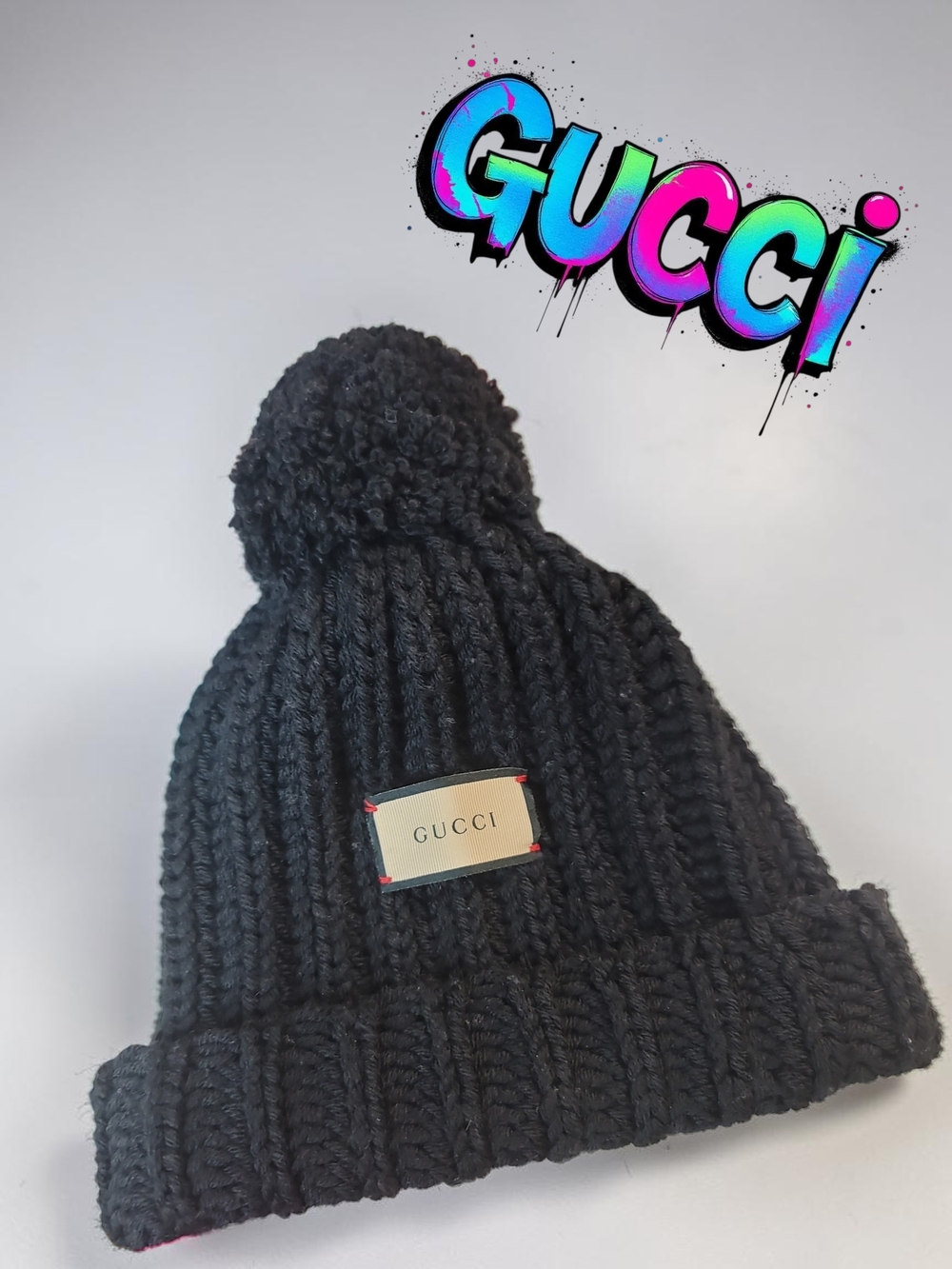 Gucci Black Ribbed Knit Pom-Pom Hat with Logo Patch With COA - Picture 2 of 7